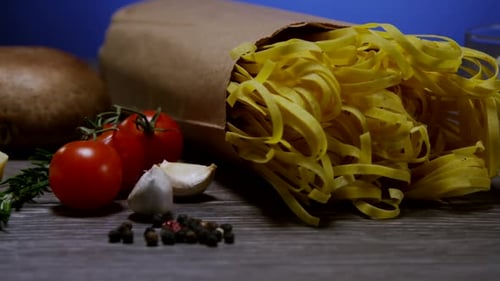 Pasta Ingredients Still Life with Tomatoes and Mushrooms