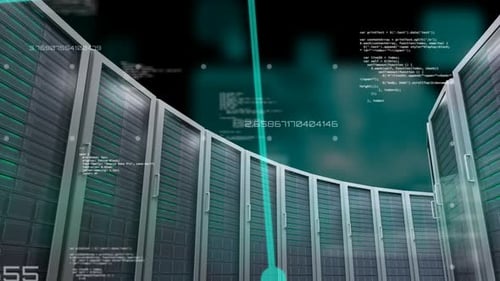 Futuristic Server Room with Animated Digital Network and Data Flow