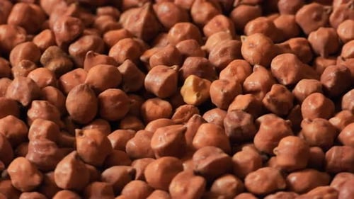 Macro close up shot of raw brown chickpeas rotating. Static, top view