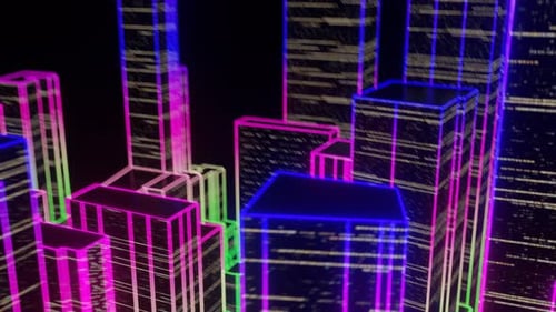 Flight Through Big Futuristic Neon City