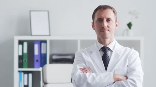 Professional medical doctor working in hospital office using computer technology.