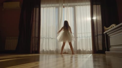 Girl Dances in Sunlight with Flowing Curtains