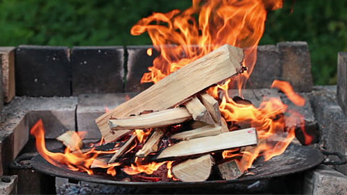 Blazing Campfire with Wood Logs in Fire Pit