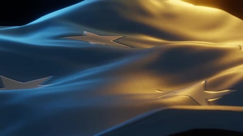 Waving Metallic Flag with Blue and Orange Light