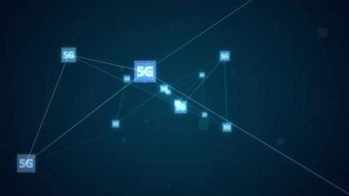 Blaues digitales 5G-Symbol und futuristischer Würfel mit Netzwerkverbindung, abstrakte Meta-Vers-Hintergrundschleife