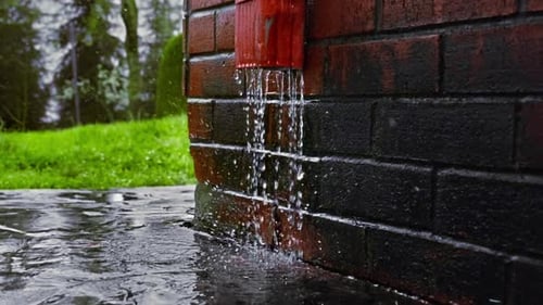 Water flows from downspout on cloudy day