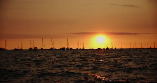 Sunset Dock Pier, Boats and Yachts Movement in Water in Golden Sunset Slow Motion