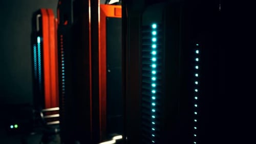 Futuristic Data Server Racks with Glowing Digital Lights Animation