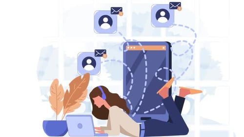 Flat Design Person Messaging on Laptop and Phone Animation