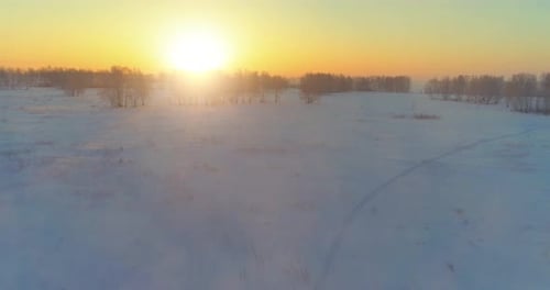 Aerial Drone View of Cold Winter Landscape with Arctic Field, Trees Covered with Frost Snow