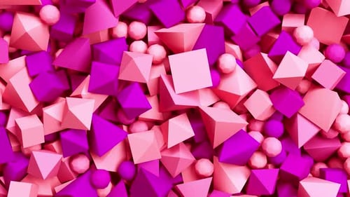 Pan Over a Lot of Geometric Objects Pyramids and Boxes in Calming Coral and Velvet Violet Color