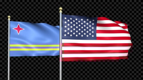 Aruba and United States Flags Waving Together