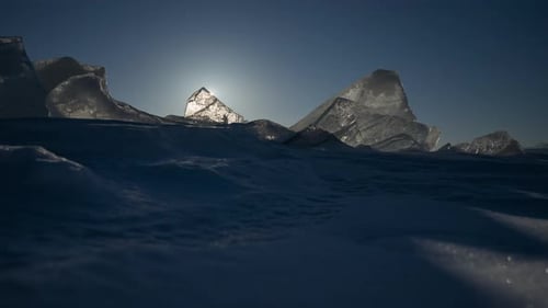 Timelapse of Sun Trough Transparent Ice Floe on Frozen Lake