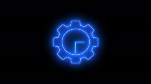 Animated Blue Neon Gear and Clock Icon Loop