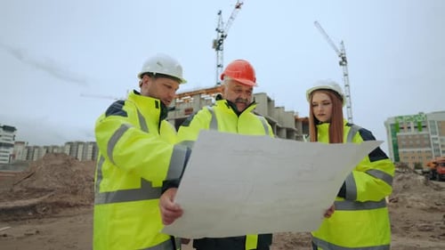 Engineering Team of Builders are Viewing Construction Site Plan in Building Area Foreman Inspector