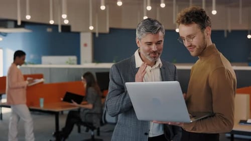Handsome Office Worker Showing Something to His Male Coworker at the Laptop
