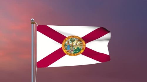 Realistic Waving Florida State Flag on Pole Against Sunset Sky