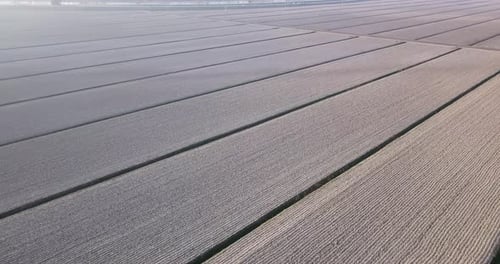 Endless Harvested Field Rows with Distant Road and River