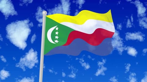 Comoros National Flag Waving with Clouds in Blue Sky
