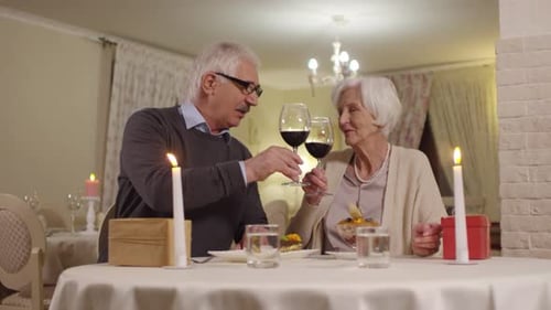 Mature Caucasian Couple Enjoying Red Wine in Restaurant
