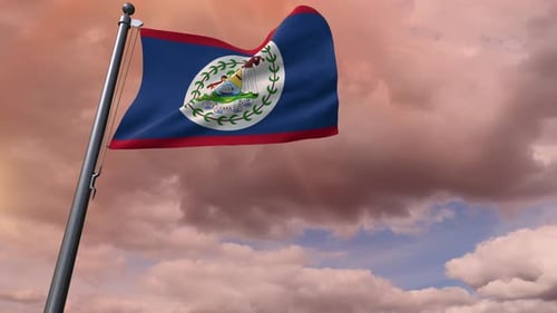 Realistic Belize National Flag Waving Proudly Against a Cloudy Sky