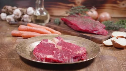 Uncooked Steak with Fresh Ingredients on Wooden Table