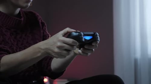 Woman playing video games using wireless controller.