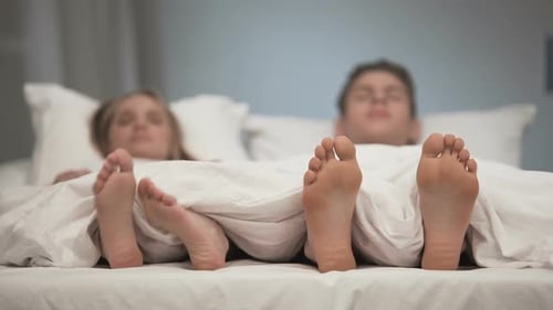 Sleeping Woman Scratching Her Foot, Couple Relaxing Bed, Antifungal Spray Effect