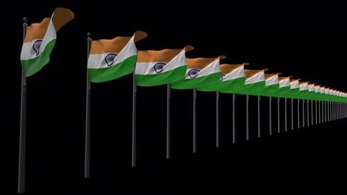Line of Waving Indian National Flags on Black