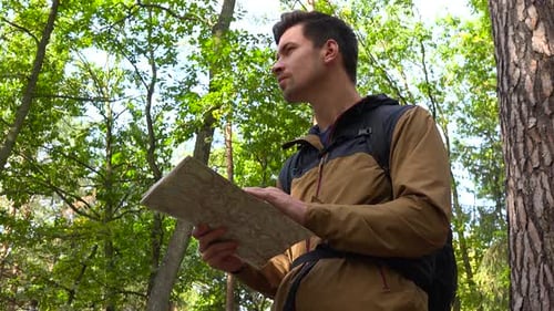 A Young Handsome Backpacker Examines a Map in a Forest, Closeup From Below
