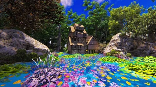 Fantasy House in Enchanted Forest with Colorful Pond Animation