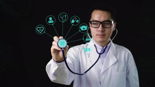Doctor And Stethoscope In Hand Touching Icon Medical Network Connection