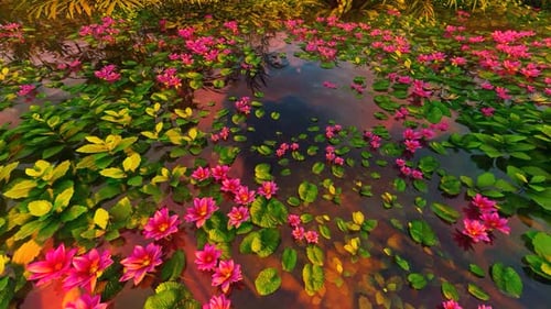 Lake With Red Water Lilies And Vegetation