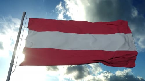 Realistic Austrian Flag Waving in Sunlight Against Blue Sky