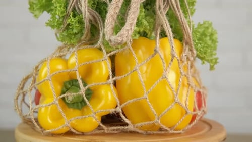 Fresh Produce in String Bag with Peppers and Lettuce