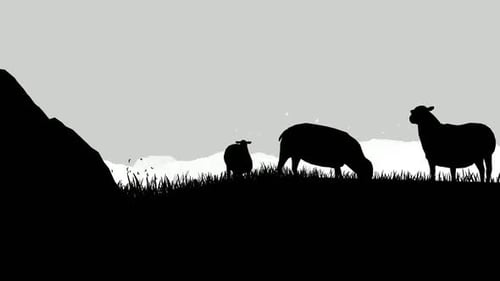 Minimalist Silhouette Animation of Grazing Sheep