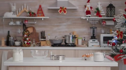 Empty Christmas Decorated Culinary Kitchen with Nobody in It Ready for Traditional Festive Holiday