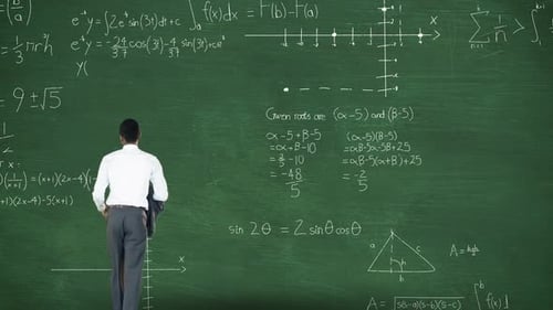 Back view of man thinking in front of moving maths calculations on chalkboard