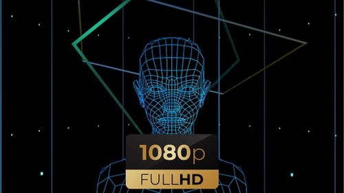 Futuristic Wireframe Human Figure with Abstract Geometric Background