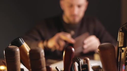 Portrait of Handsome Tanner Man at Work Manual Production Small Business Authentic Workshop Indoor
