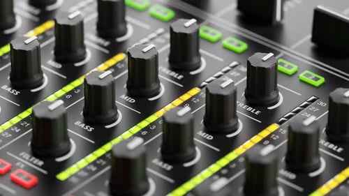 Dj mixer showing sound levels on different channels by a set of bright lights.