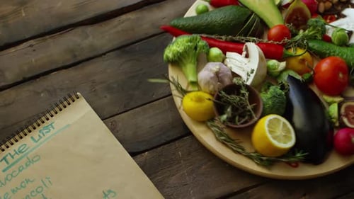 Fresh Produce on Table with Grocery List