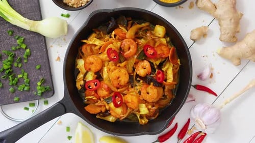 Overhead Shot of Shrimp and Vegetable Stir-Fry