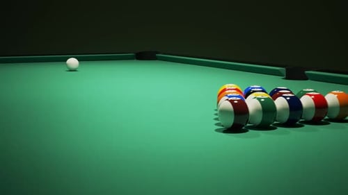 Breaking the rack in the pool. A strong, professional shot of cue ball.