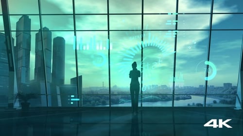 Business Woman In Office Analyzes Data Using Virtual Reality 4K