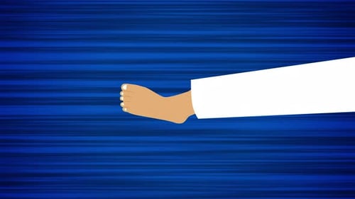 Flying foot on blue background. Looped animation of low kick. Moving feet on abstract background.