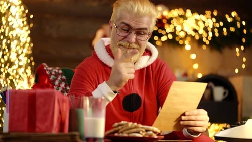 Santa Claus Reading Christmas Letter with Joy