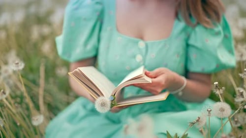 Woman Reads Book in a Dandelion Field