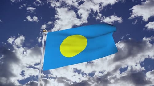 Realistic Palau National Flag Waving in Cloudy Sky