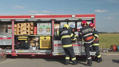 Firefighters and Emergency Personnel Checking Equipment on Truck